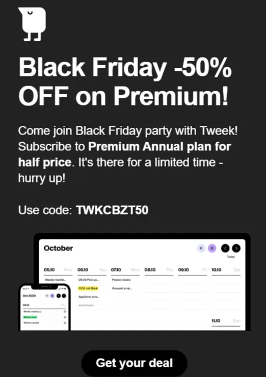 Example of premium offer for Black Friday from Tweek sent via email