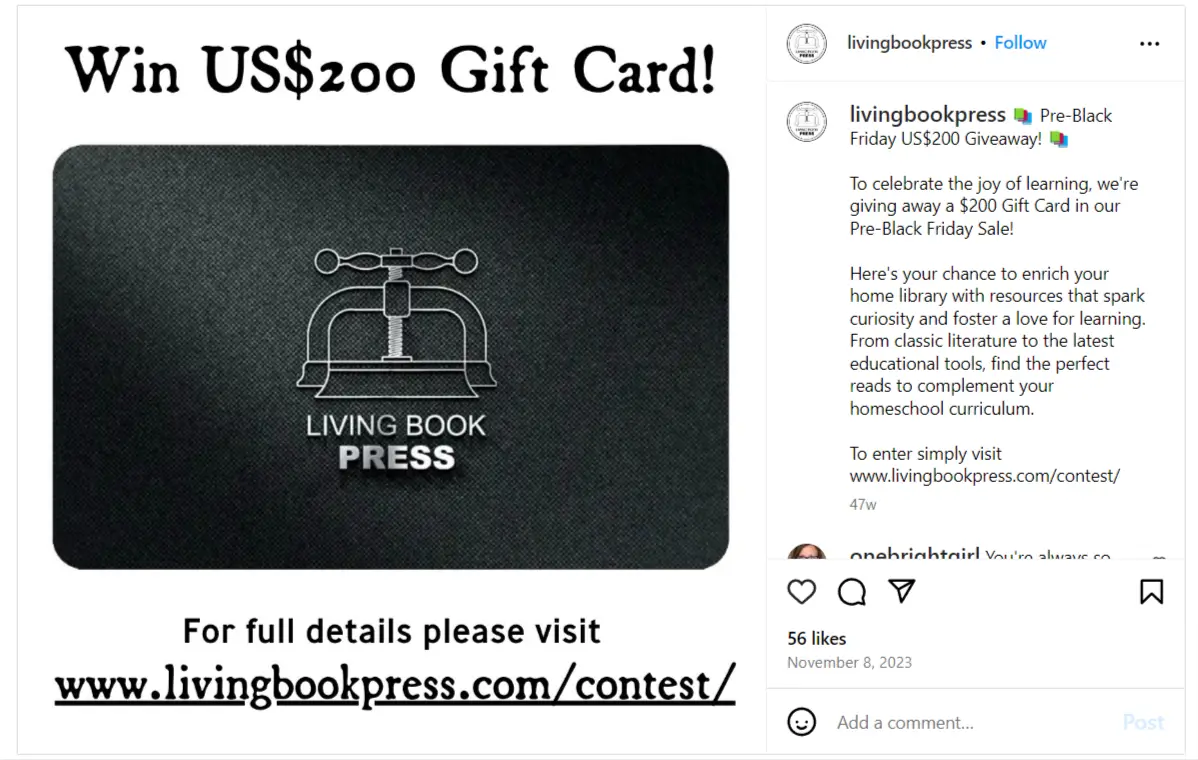 Example of pre-Black Friday giveaway on Instagram