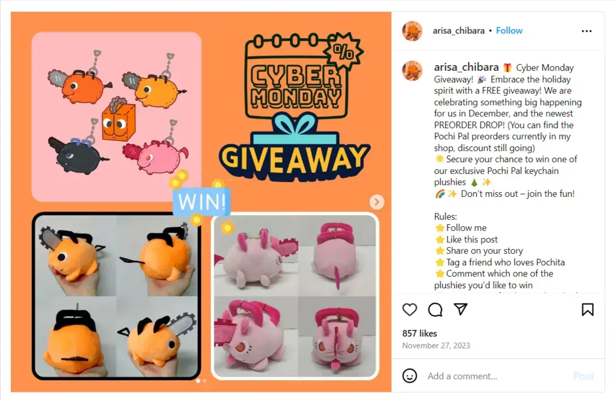 Cyber Monday giveaway example on Instagram