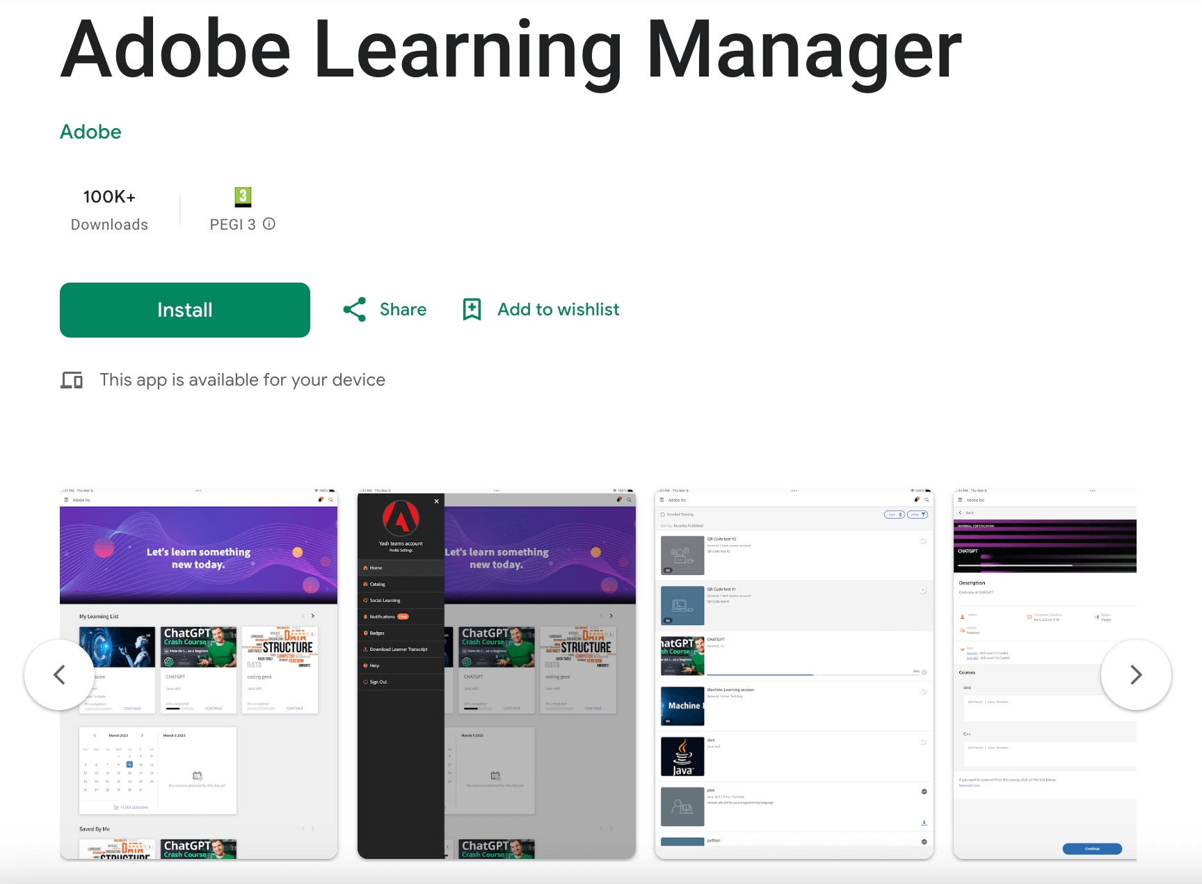 Adobe Learning Manager app on Google Play Store, showcasing dashboard, course catalog, and learning progress features