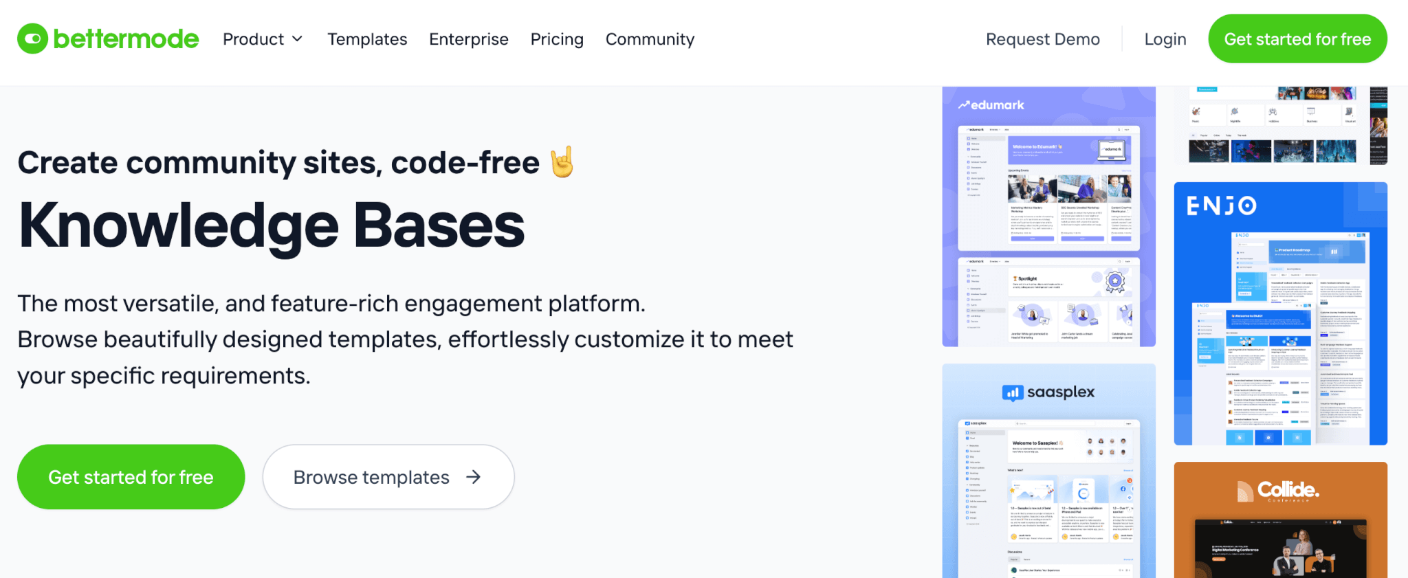 Bettermode webpage showcasing code-free community and knowledge base templates, with previews of various customizable platform designs.