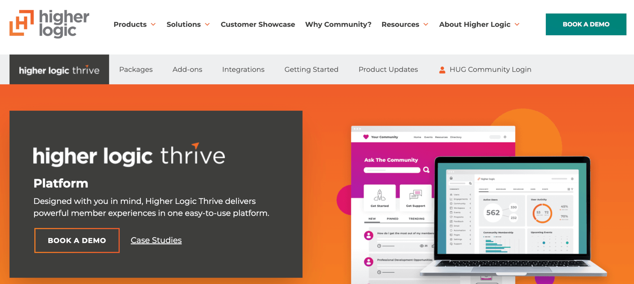 Higher Logic Thrive platform webpage showing community engagement tools on laptop and desktop screens, highlighting features for member interactions and analytics.