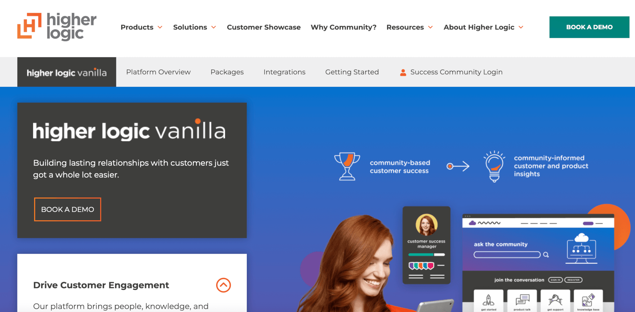 Higher Logic Vanilla webpage promoting customer engagement tools, featuring community success icons and a smiling user interacting with the platform.