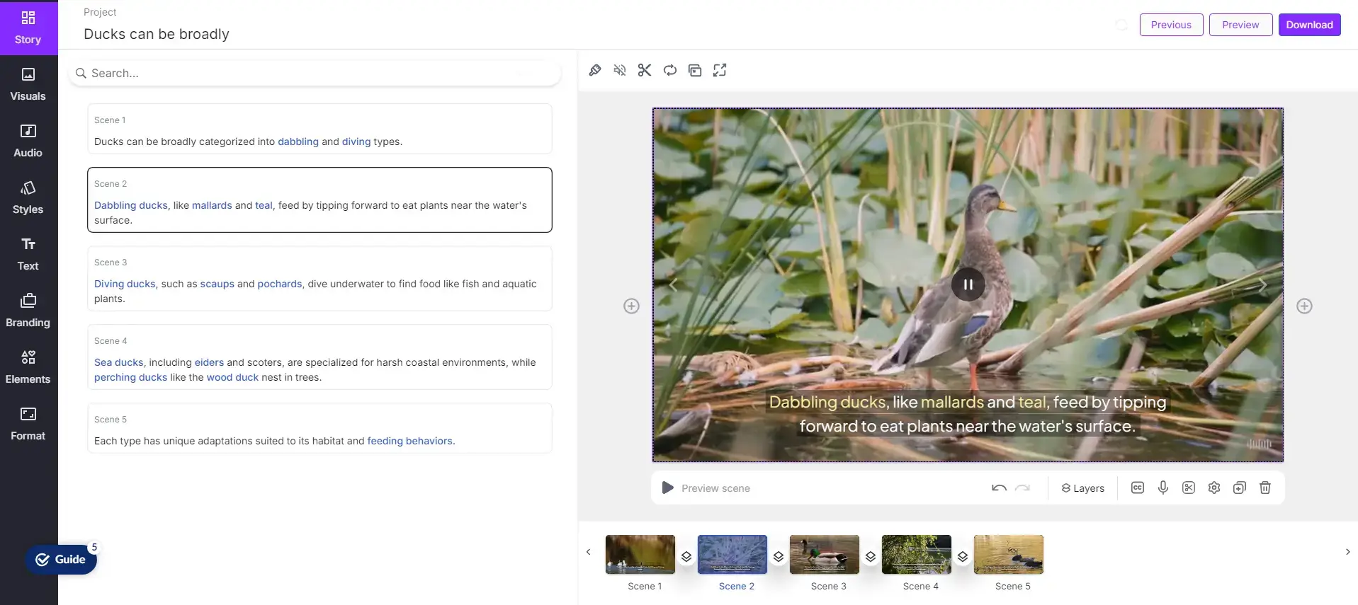 A screenshot of Pictory's dashboard showing a video example that features a duck in front of green plants.