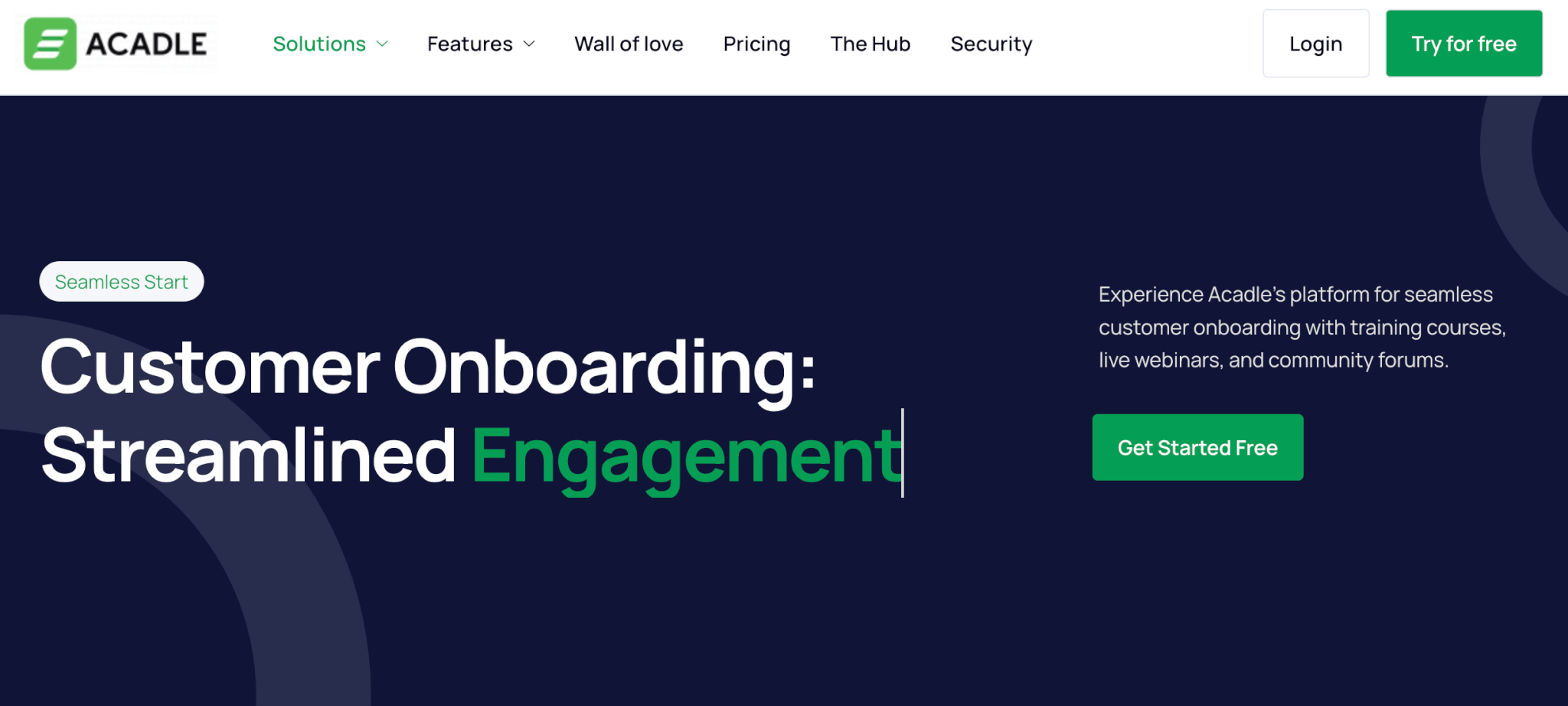 Acadle webpage highlighting streamlined customer onboarding with options for training courses, webinars, and community forums, featuring a 'Get Started Free' button