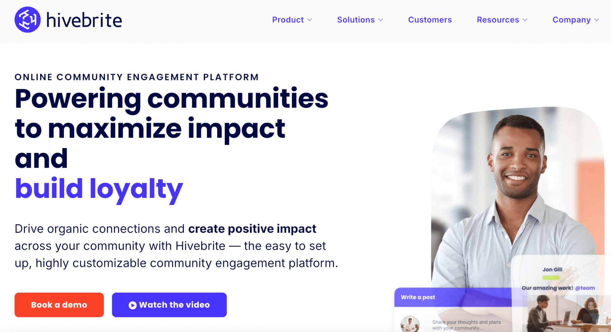 Hivebrite webpage promoting a customizable community engagement platform, featuring a smiling user and options to book a demo or watch a video.