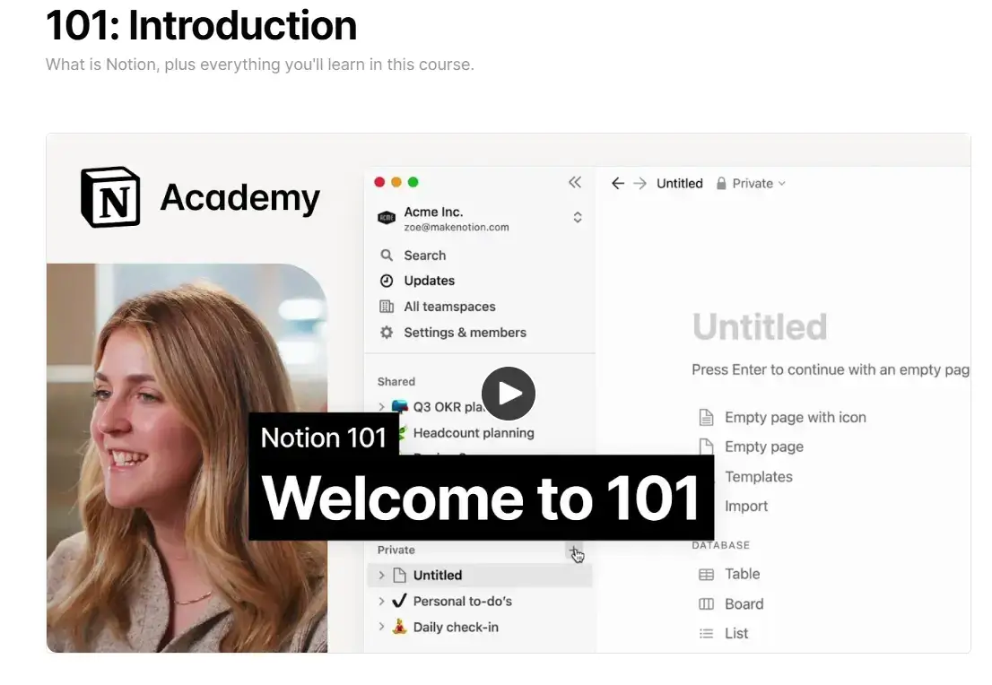 A screenshot of Notion's academy dashboard.