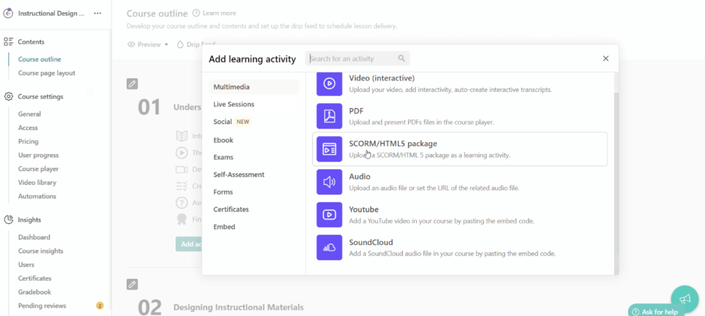 Alt-text: A screenshot of LearnWorlds' dashboard featuring the 'Add learning activity' tab inside a course outline.