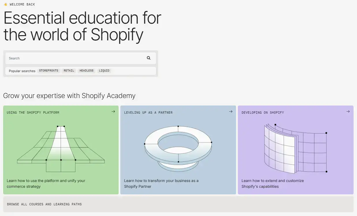 A screenshot of Shopify's academy page.