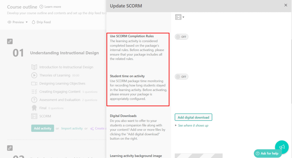 Alt-text: A screenshot of LearnWorlds' dashboard featuring the SCORM completion rules and student tracking features.