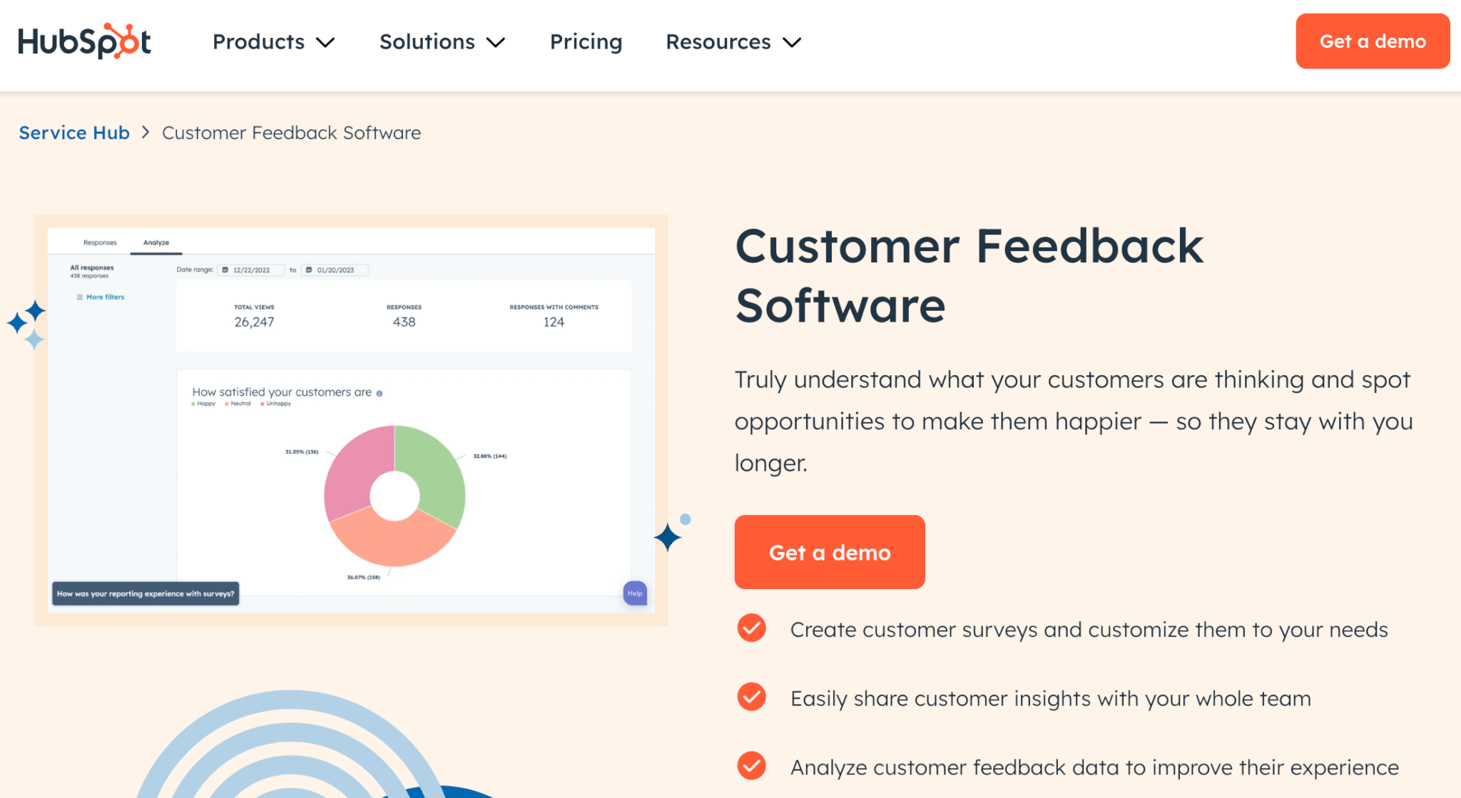 HubSpot webpage showcasing customer feedback software, featuring a satisfaction survey chart and options to get a demo.