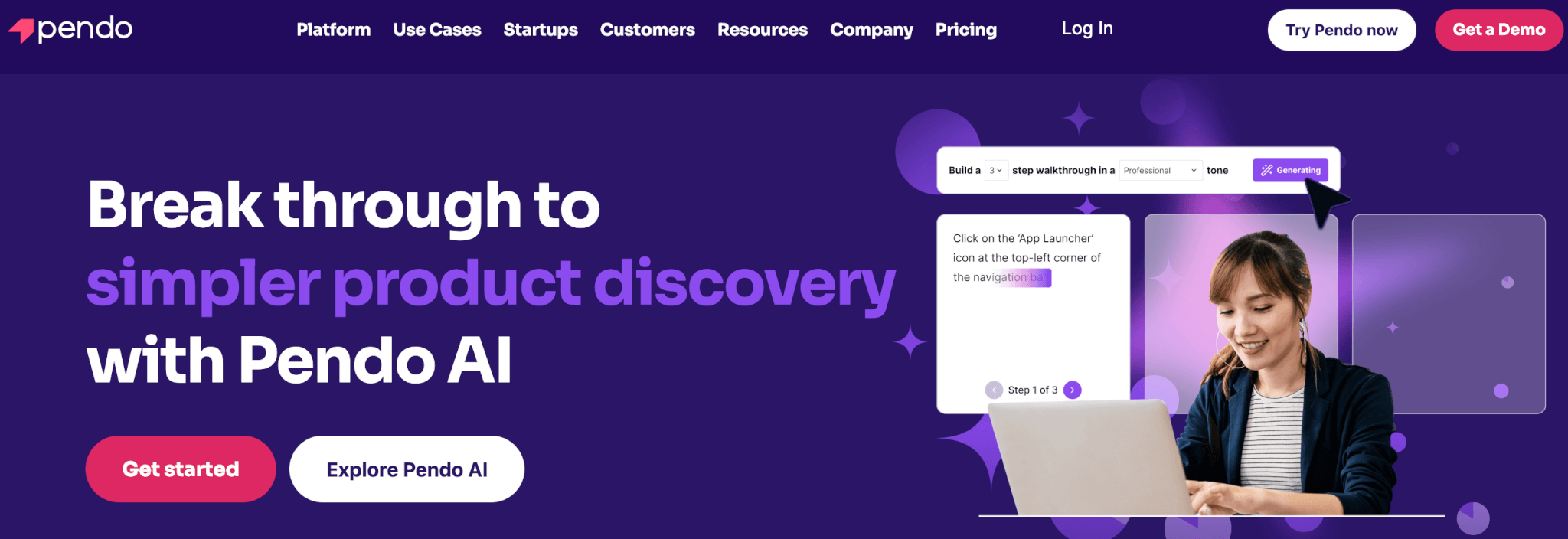 Pendo webpage showcasing AI-driven product discovery tools, with an image of a user building a walkthrough and options to get started or request a demo.