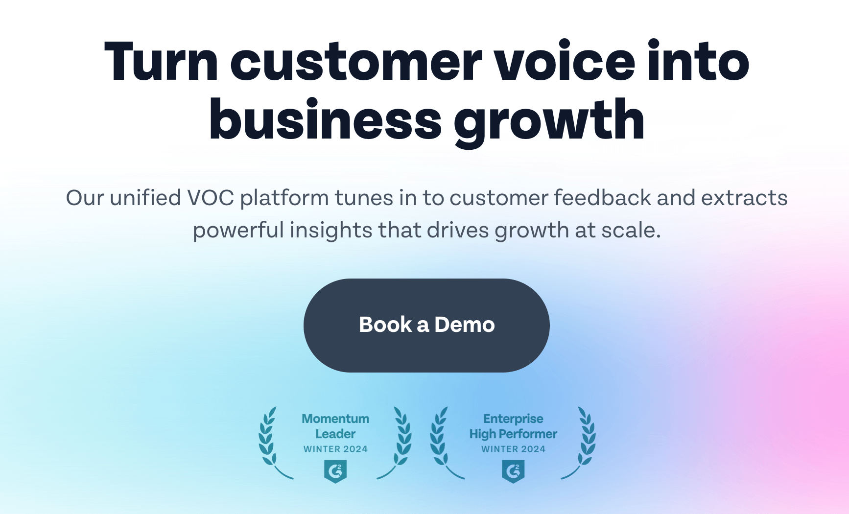 SurveySparrow webpage highlighting its VOC platform, with a call-to-action to book a demo and badges for industry recognition.