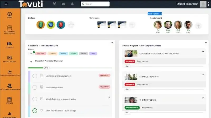 A dashboard screenshot from Tovuti LMS showing badges, certifications, a leaderboard, checklist, and course progress for a user.