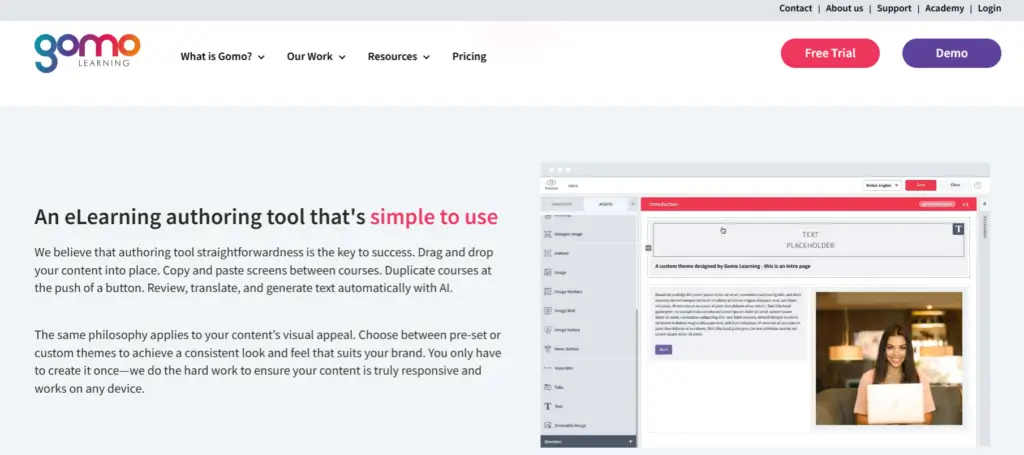 A screenshot showing Gomo Learning's platform and part of its website.