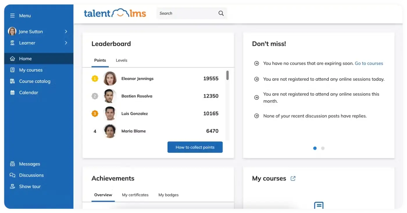 Leaderboard in TalentLMS displaying top performers, achievements, and news.