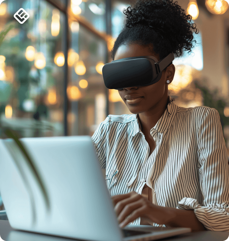 An image showing a woman wearing a VR headset and using a laptop.