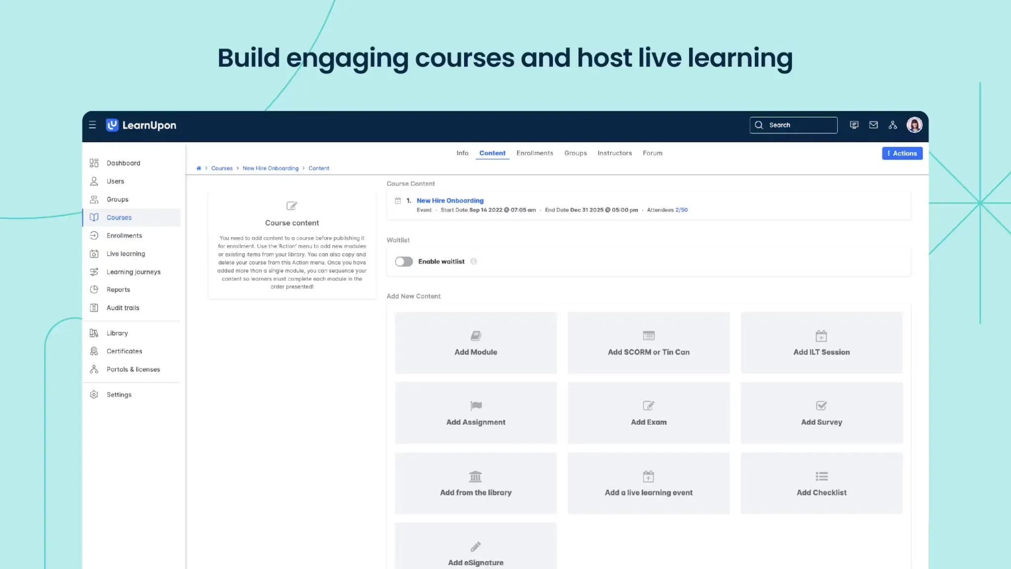 A screenshot of LearnUpon's platform interface.