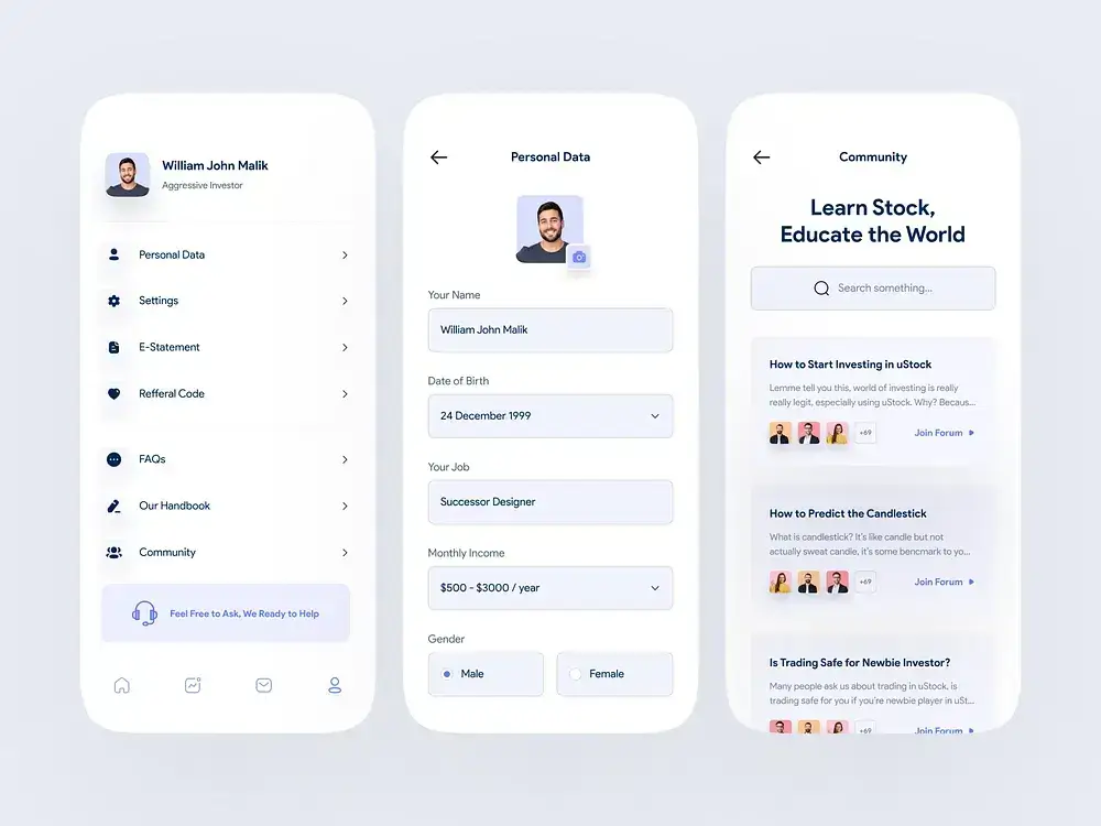 Simple mobile app designs example with three screens