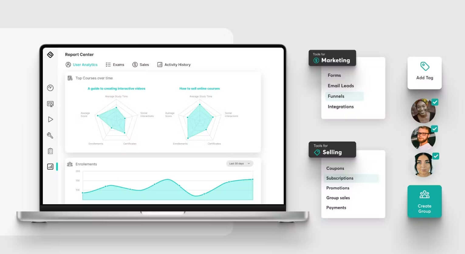 A screenshot showing LearnWorlds' dashboard on a laptop screen on the left side and key marketing and selling features on the right.