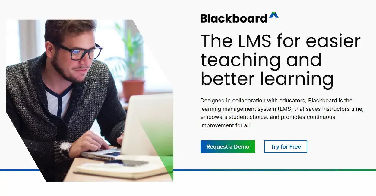 A screenshot from Blackboard's LMS website prompting the user to request a demo or try it for free.