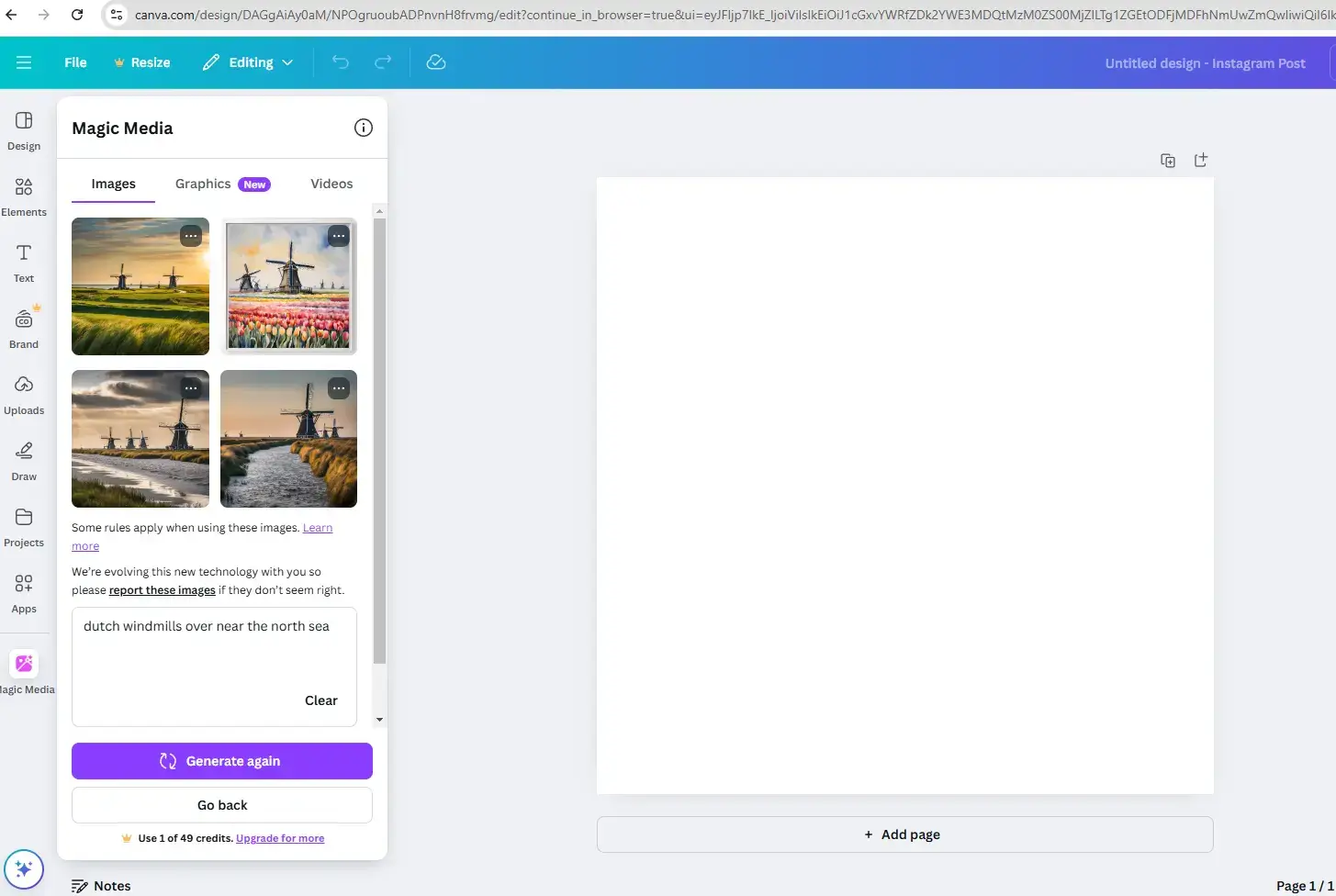 a screenshot of Canva's user interface showing an AI-generated image of windmills.