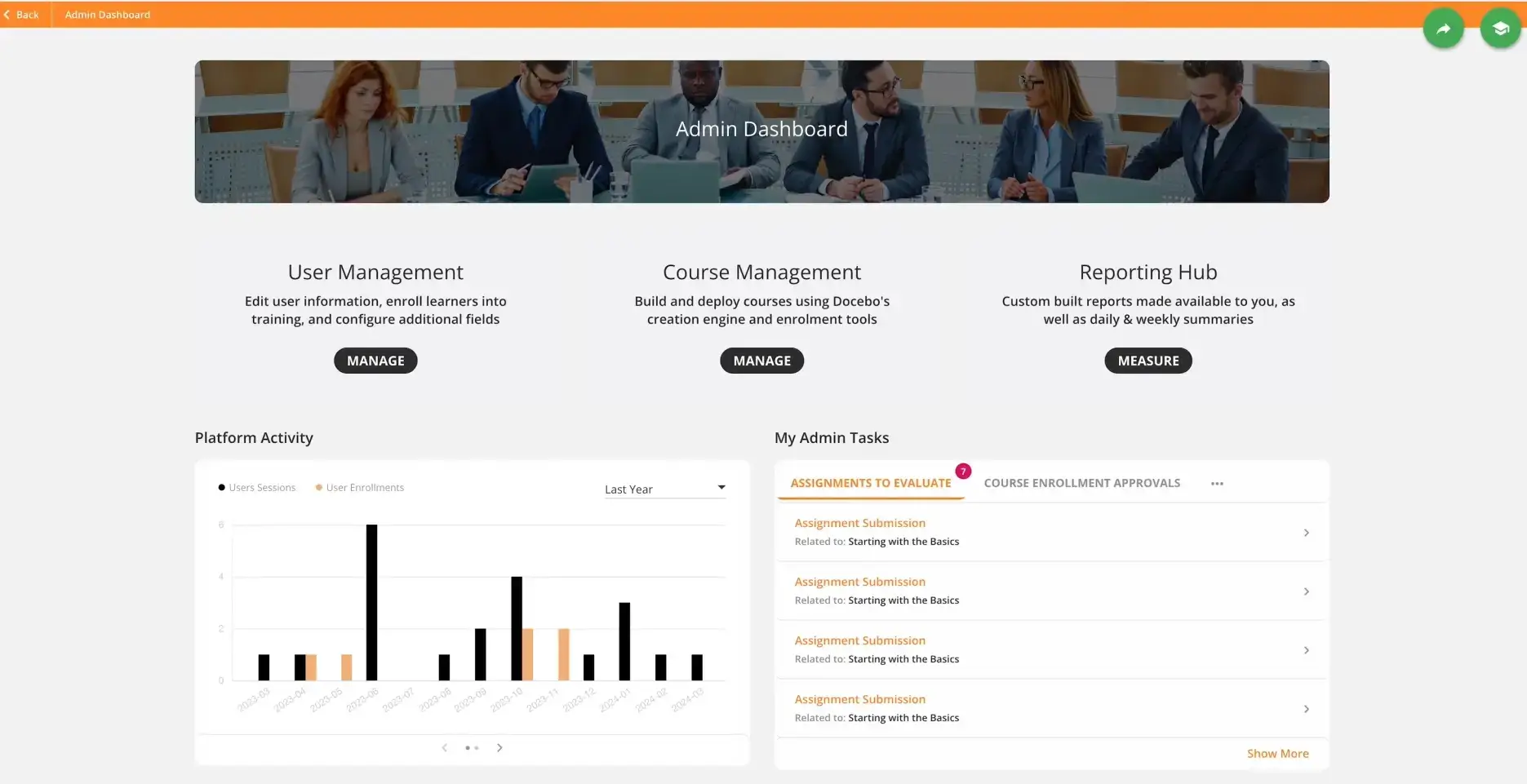 A glimpse into the admin dashboard for the Decobo LMS.