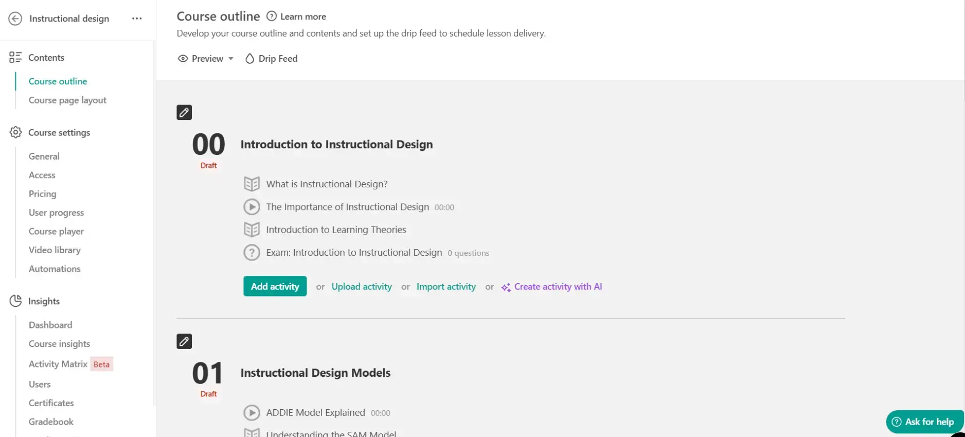 A screenshot showing LearnWorlds user dashboard and course outline page.