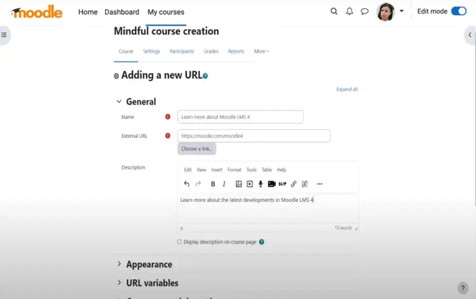 a glimpse into Moodle's user interface for how to edit and host a course.